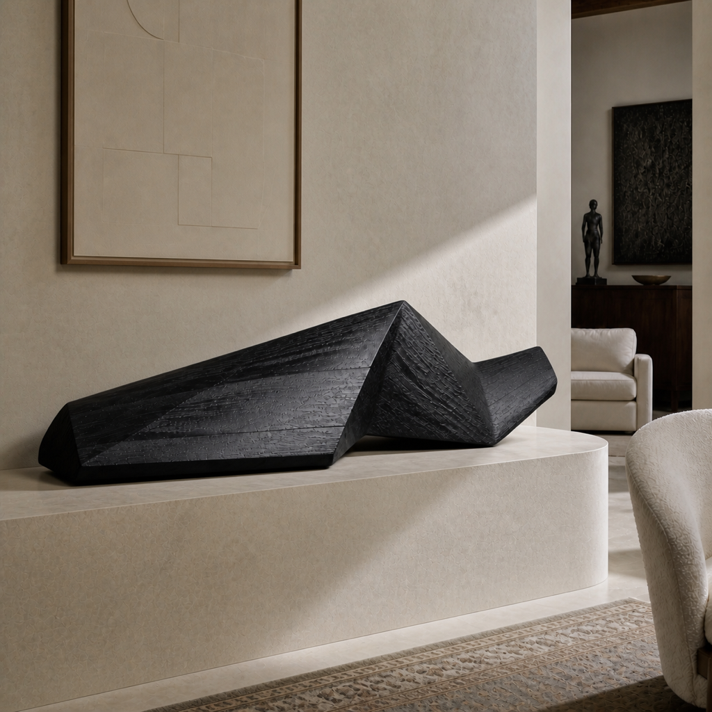 Folded Horizon, teak wood console sculpture — interior view
