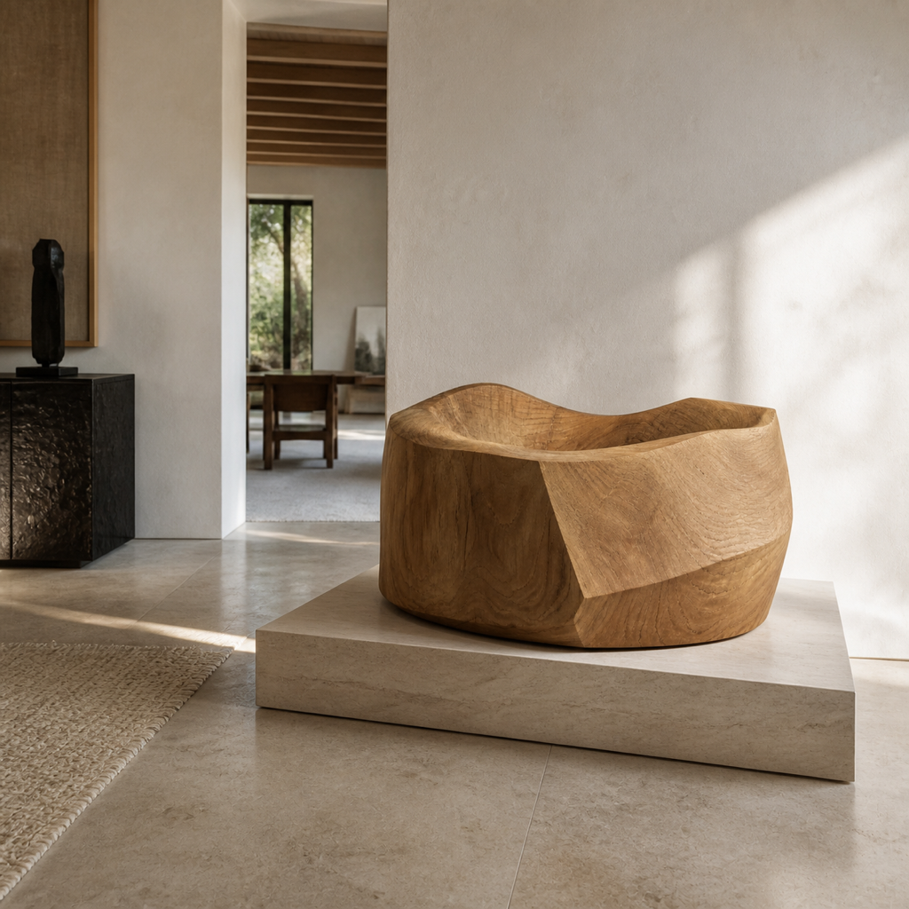 Caldera Plinth, abstract teak wood sculpture — interior view