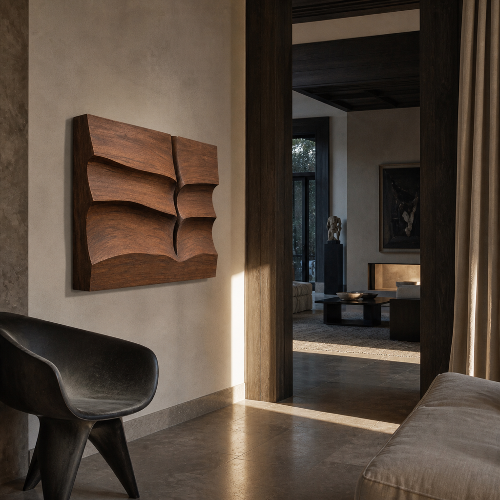 Strata Veil, carved teak wood wall art — interior view