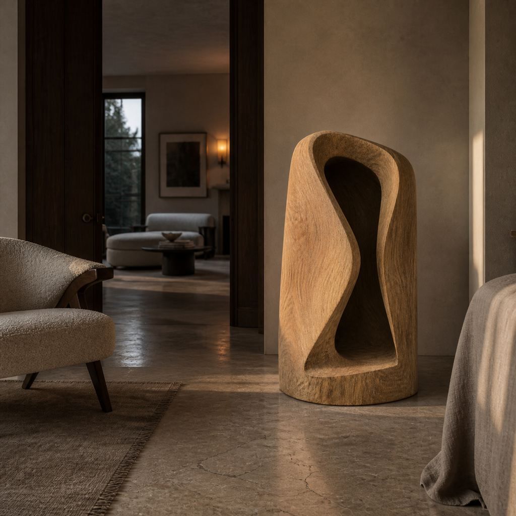 Hollow Fold, abstract teak wood sculpture — interior view
