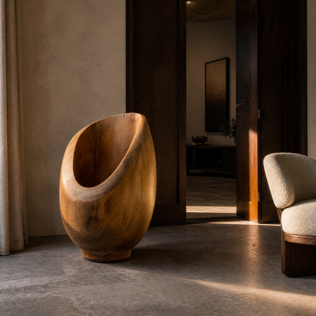 Lumen Plinth, abstract teak wood sculpture — interior view