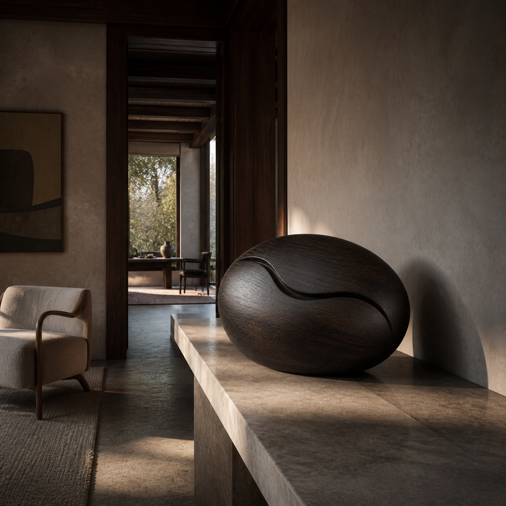 Tide Kernel, teak wood tabletop sculpture — interior view
