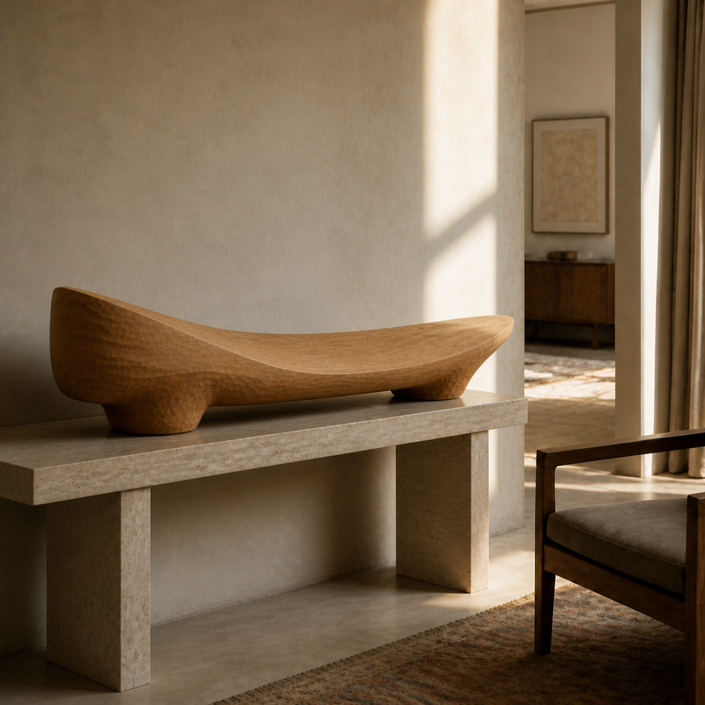 Saddle Plane, teak wood console sculpture — interior view