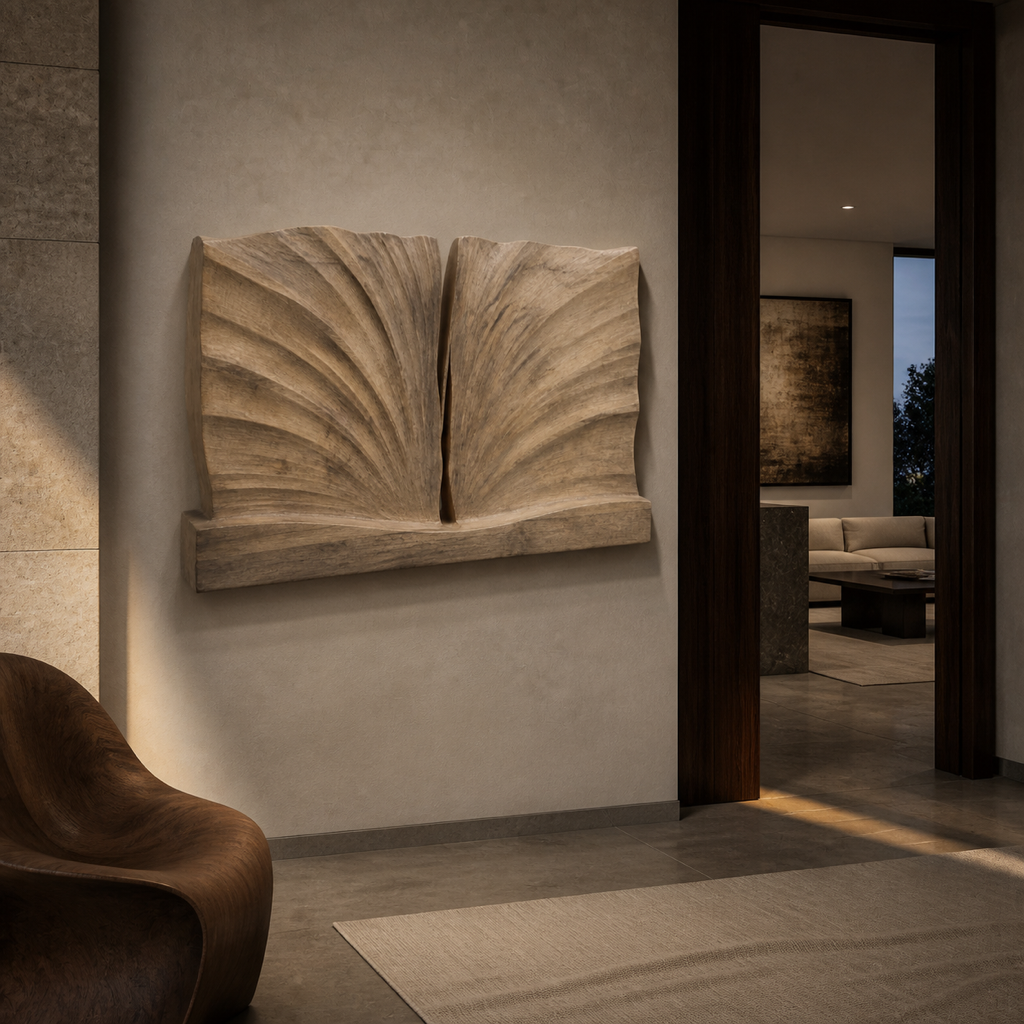 Axial Field, carved teak wood wall art — interior view