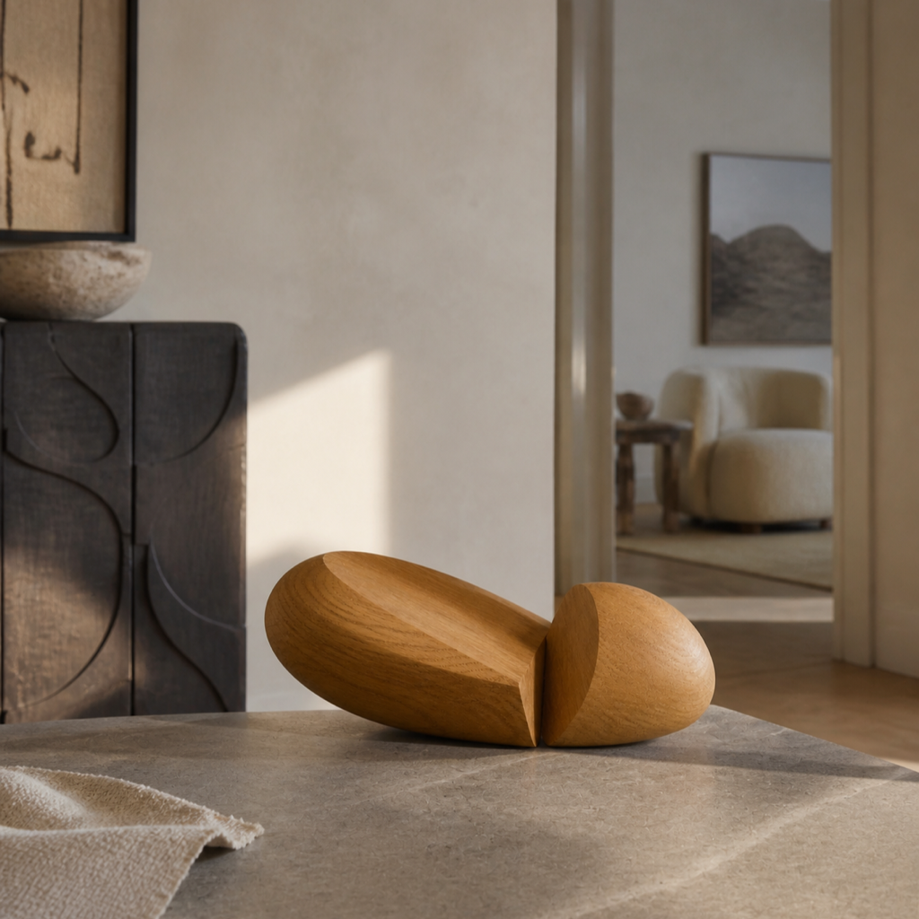 Nucleus Pair, teak wood tabletop sculpture — interior view