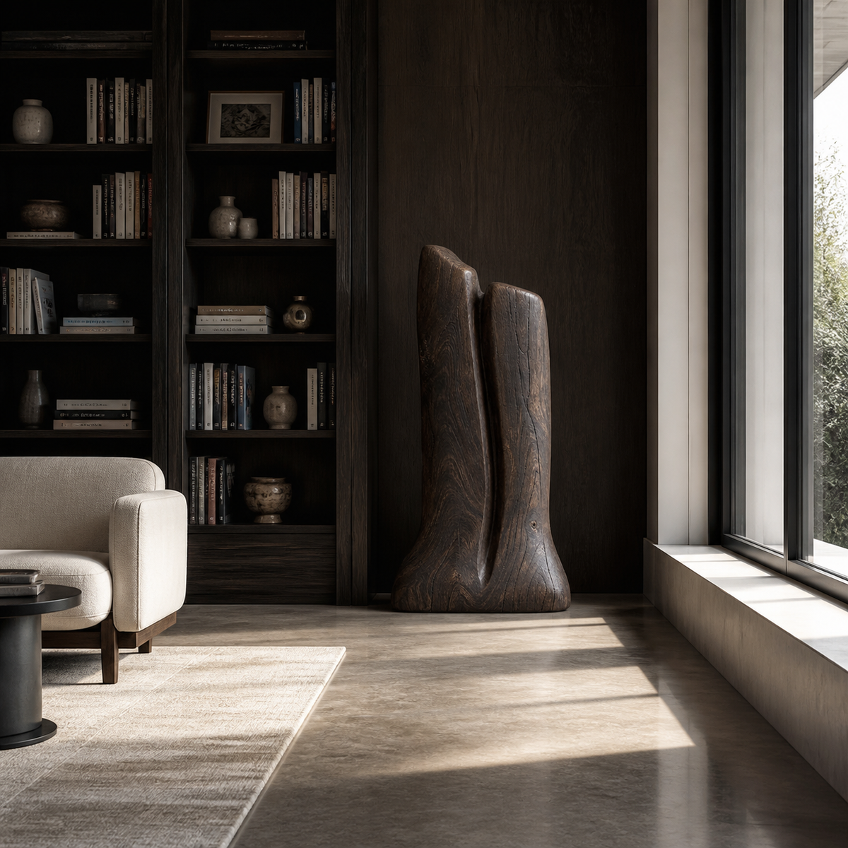 Crown Divide, teak wood floor sculpture — interior view