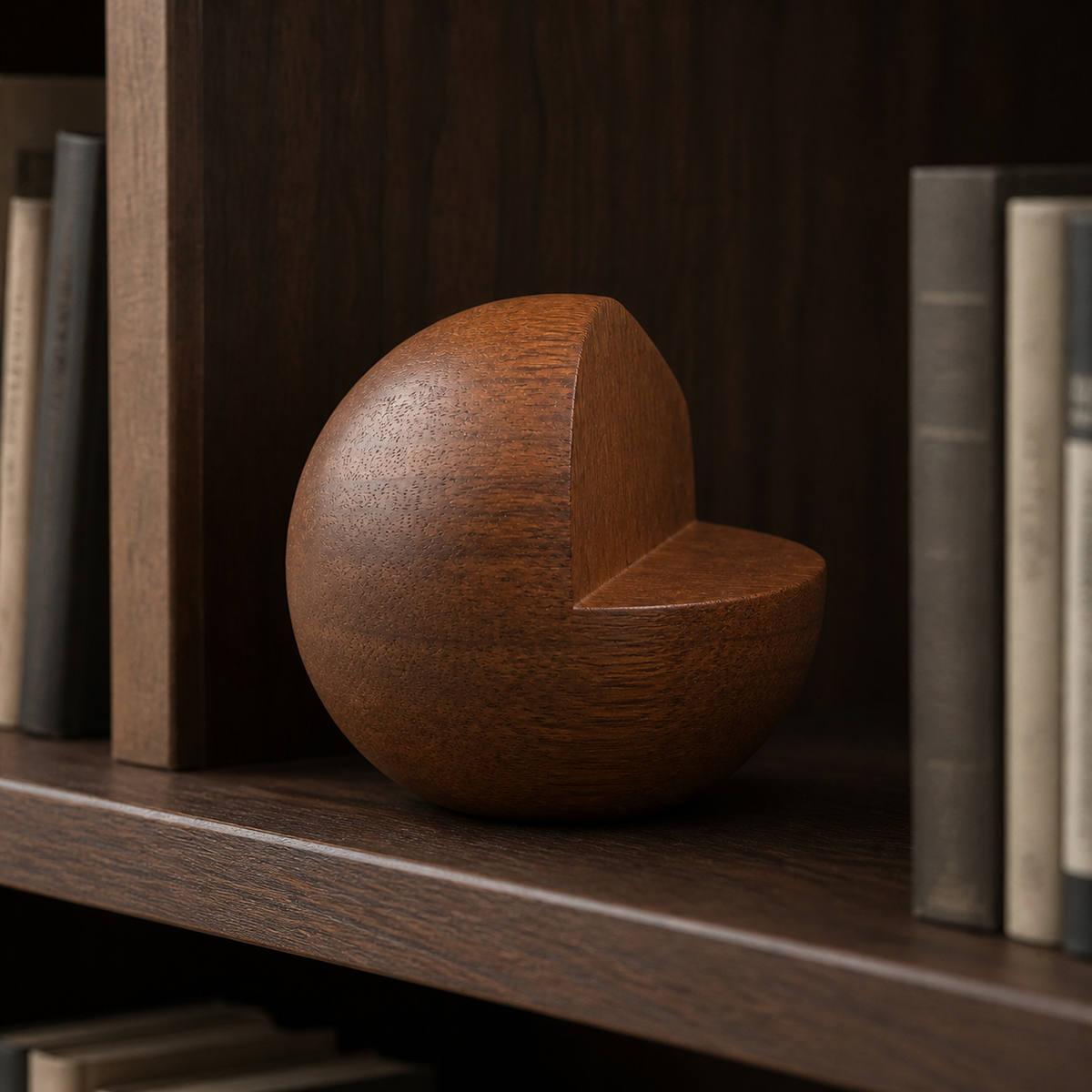 Notched Orb, teak wood tabletop sculpture — interior view