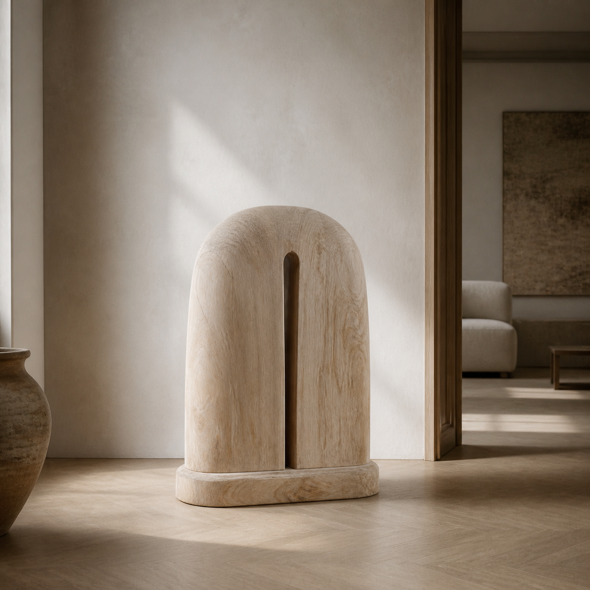 Crowned Slot, teak wood floor sculpture — interior view