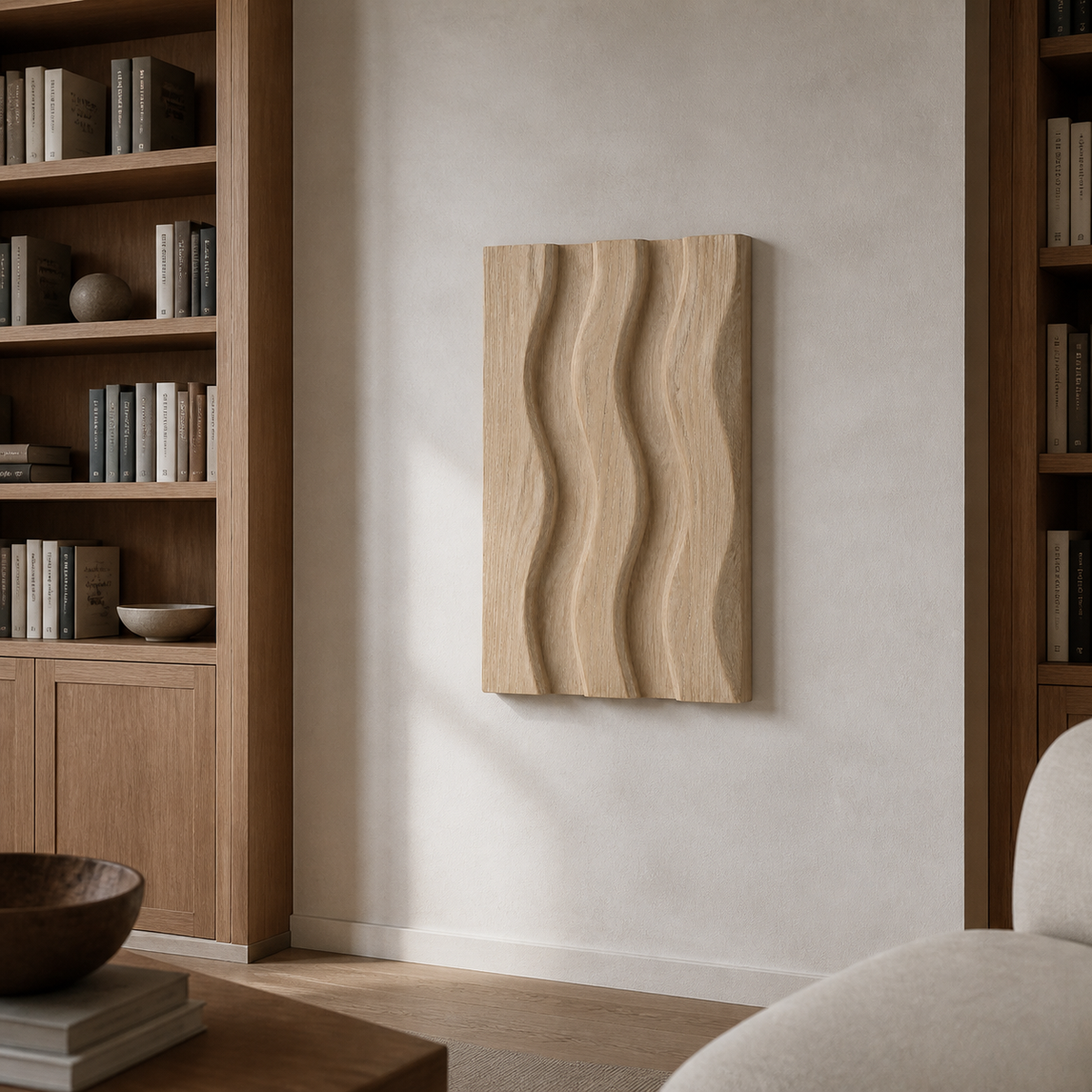 Vertical Tide Relief, carved teak wood wall art — interior view