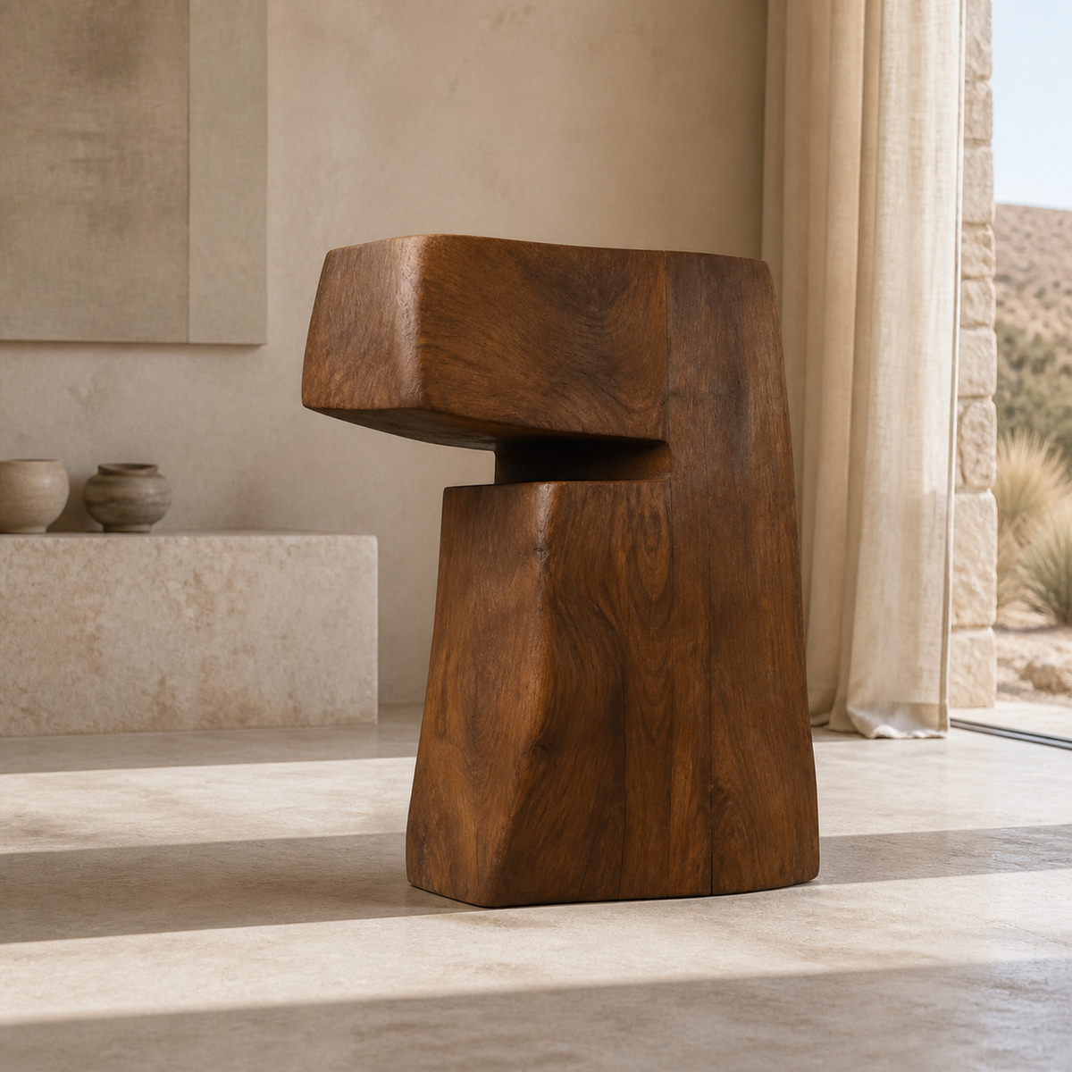 Overhang Monolith, teak wood floor sculpture — interior view