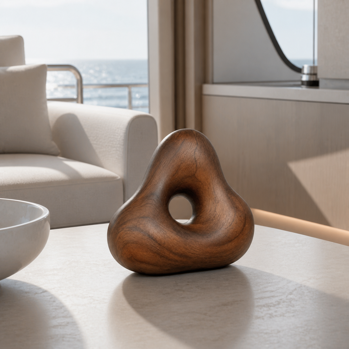 Knotted Aperture, teak wood tabletop sculpture — interior view