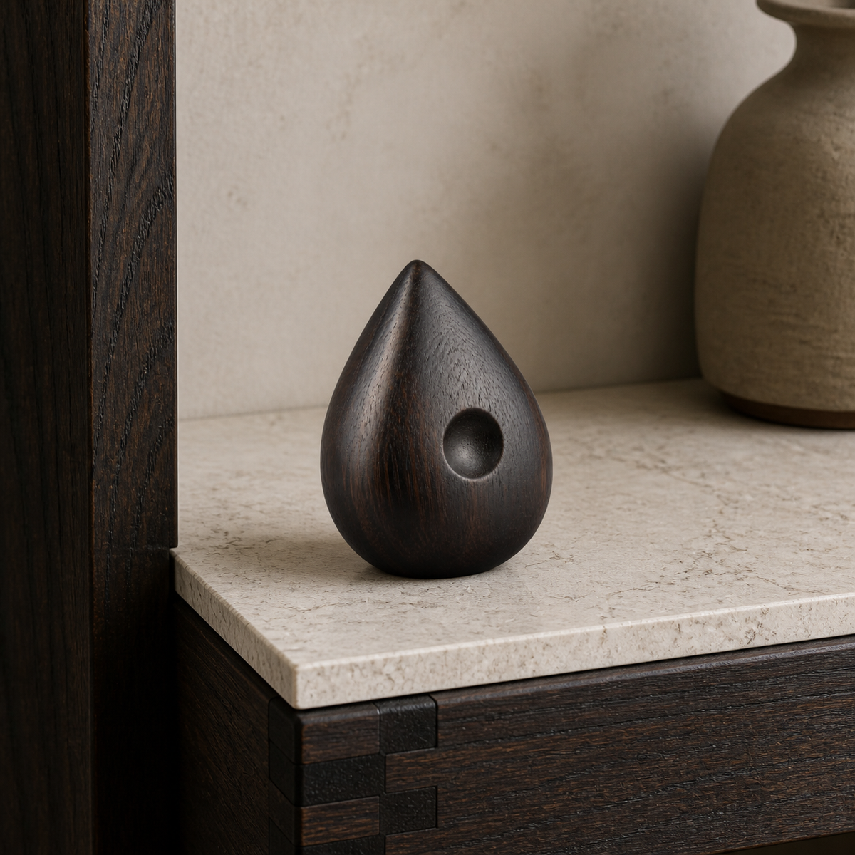 Quiet Seed, teak wood tabletop sculpture — interior view