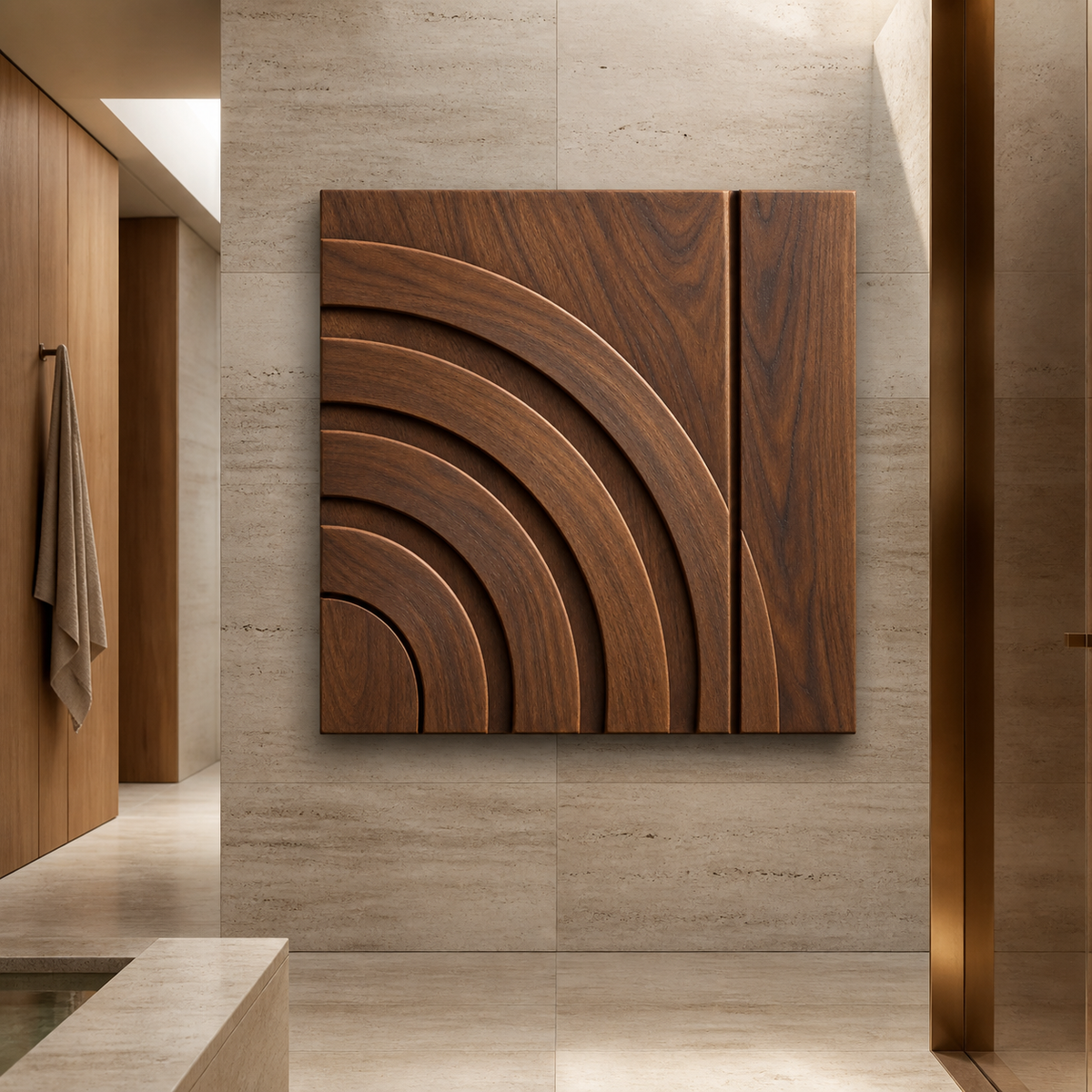 Solar Rift Relief, carved teak wood wall art — interior view