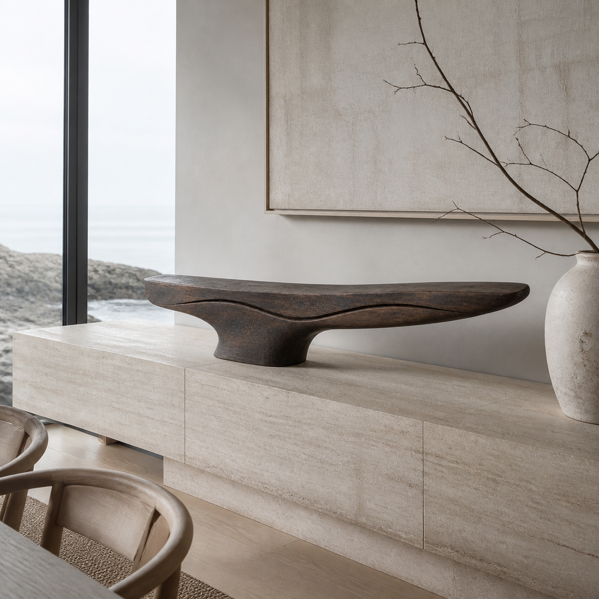 Lifted Current, teak wood console sculpture — interior view