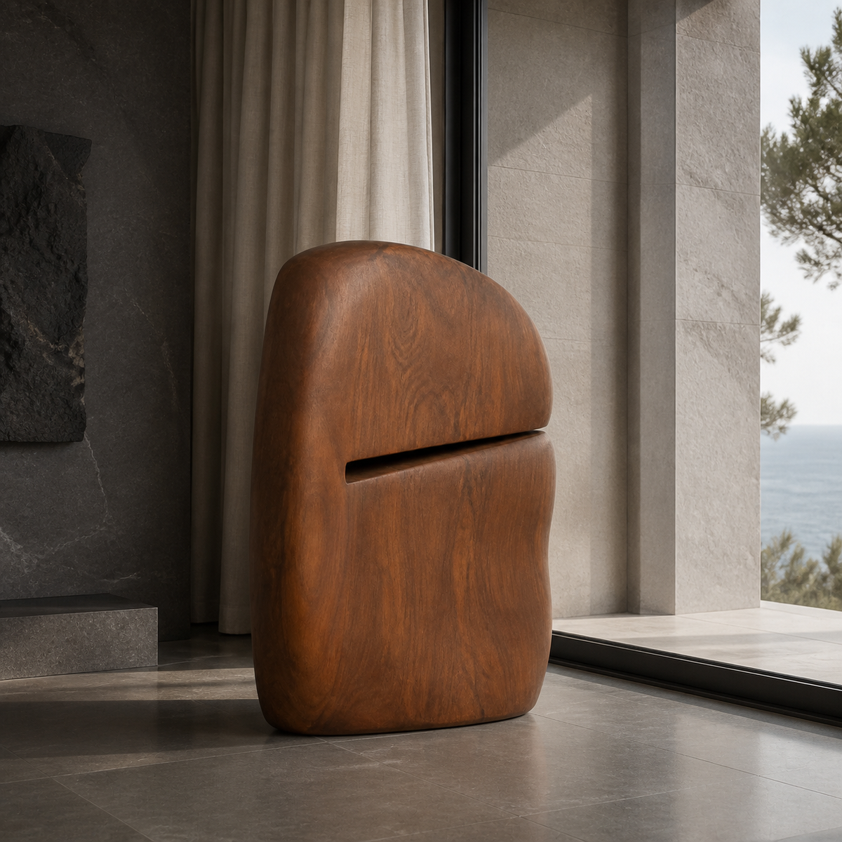 Faulted Crown, teak wood floor sculpture — interior view