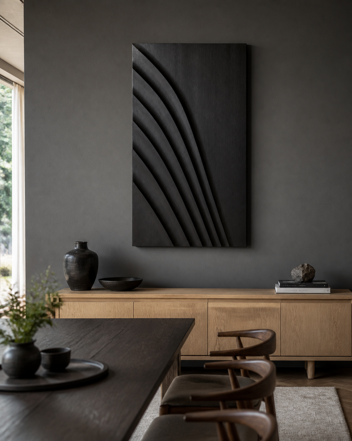 Rain Shadow Relief, carved teak wood wall art — interior view