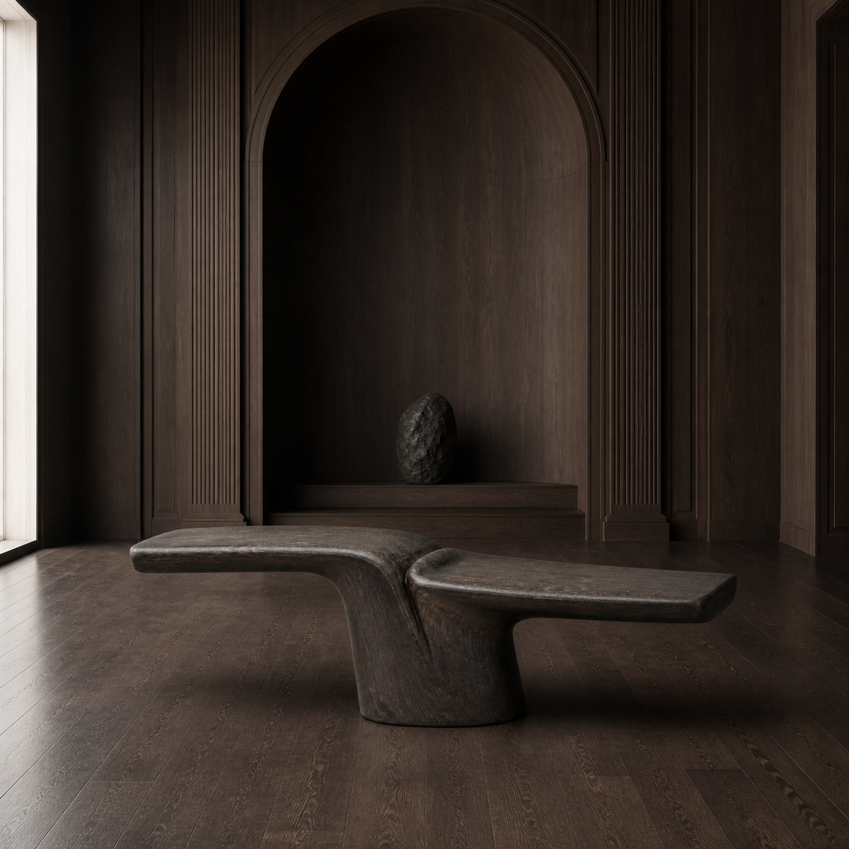 Folded Span, teak wood console sculpture — interior view