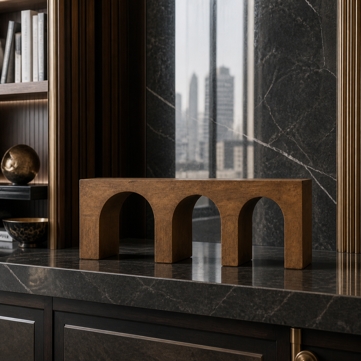Triple Vault, teak wood console sculpture — interior view