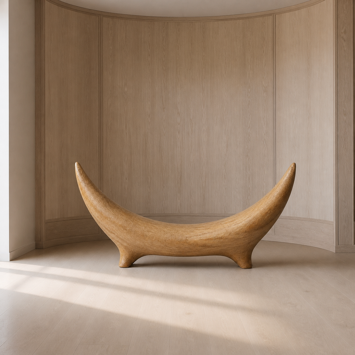 Bridged Crescent, teak wood console sculpture — interior view