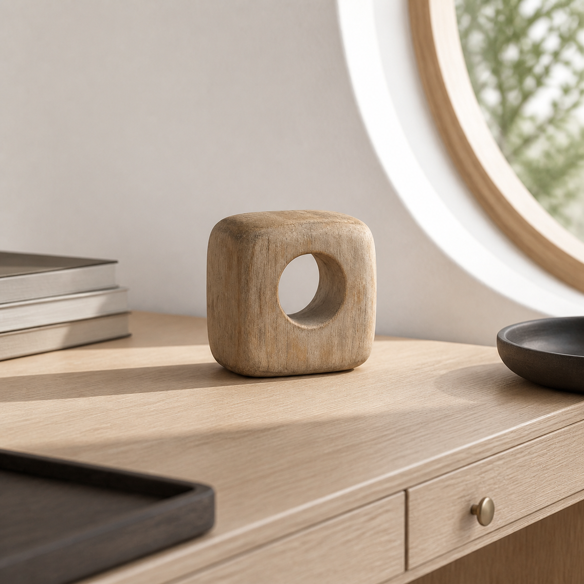 Void Cube Study, teak wood tabletop sculpture — interior view