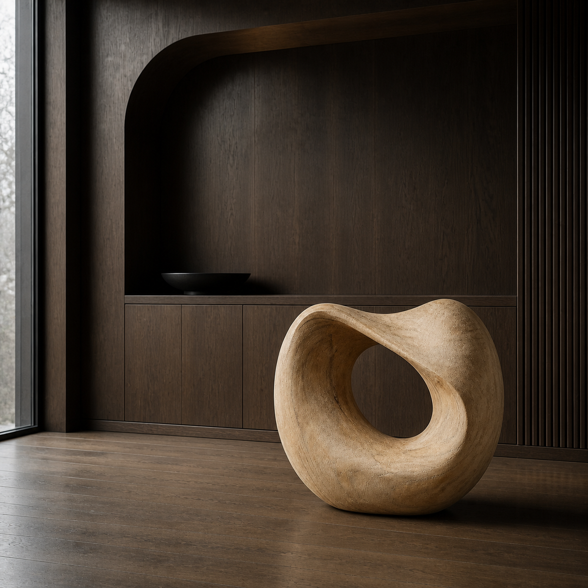Folded Orbit, abstract teak wood sculpture — interior view