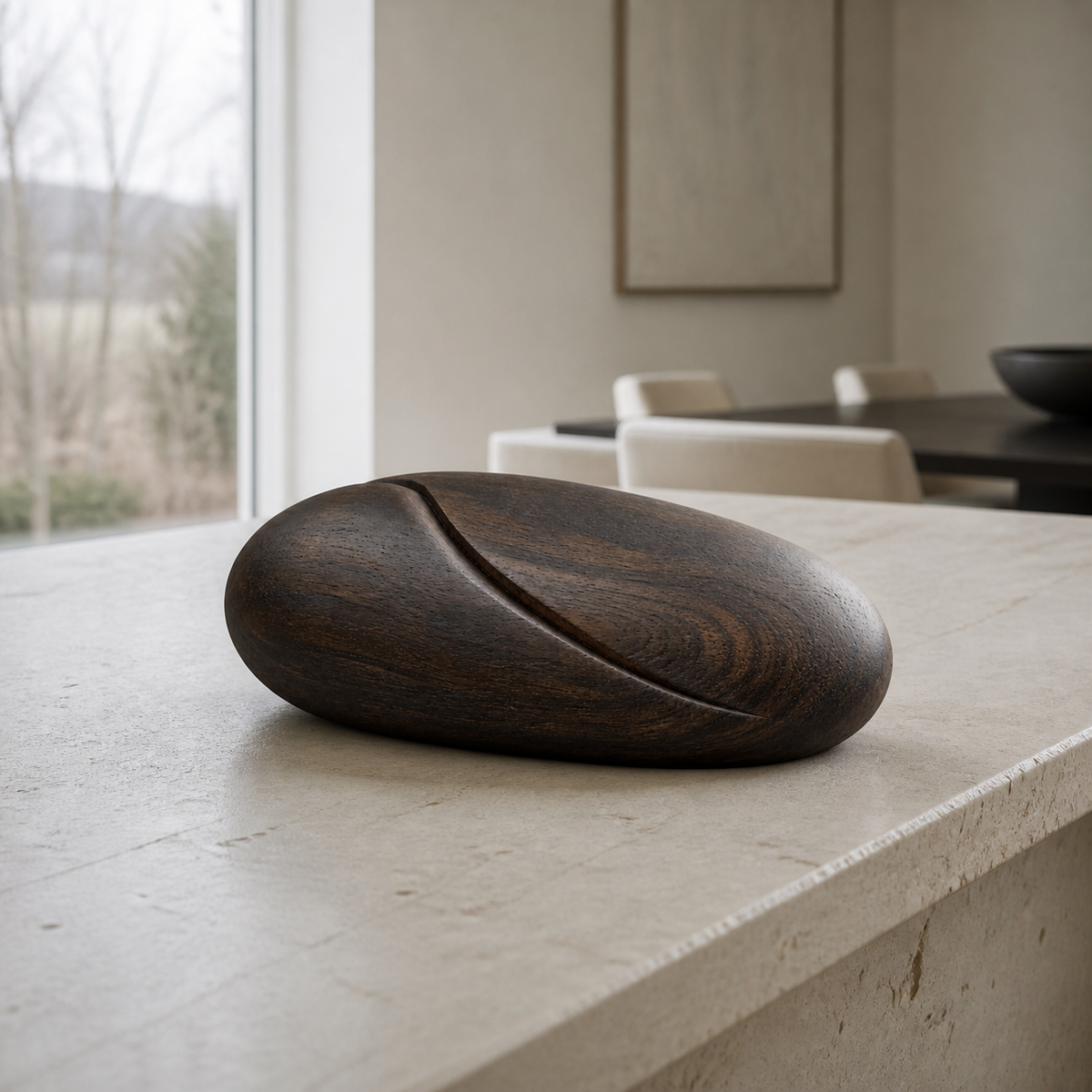 River Stone Study, teak wood tabletop sculpture — interior view