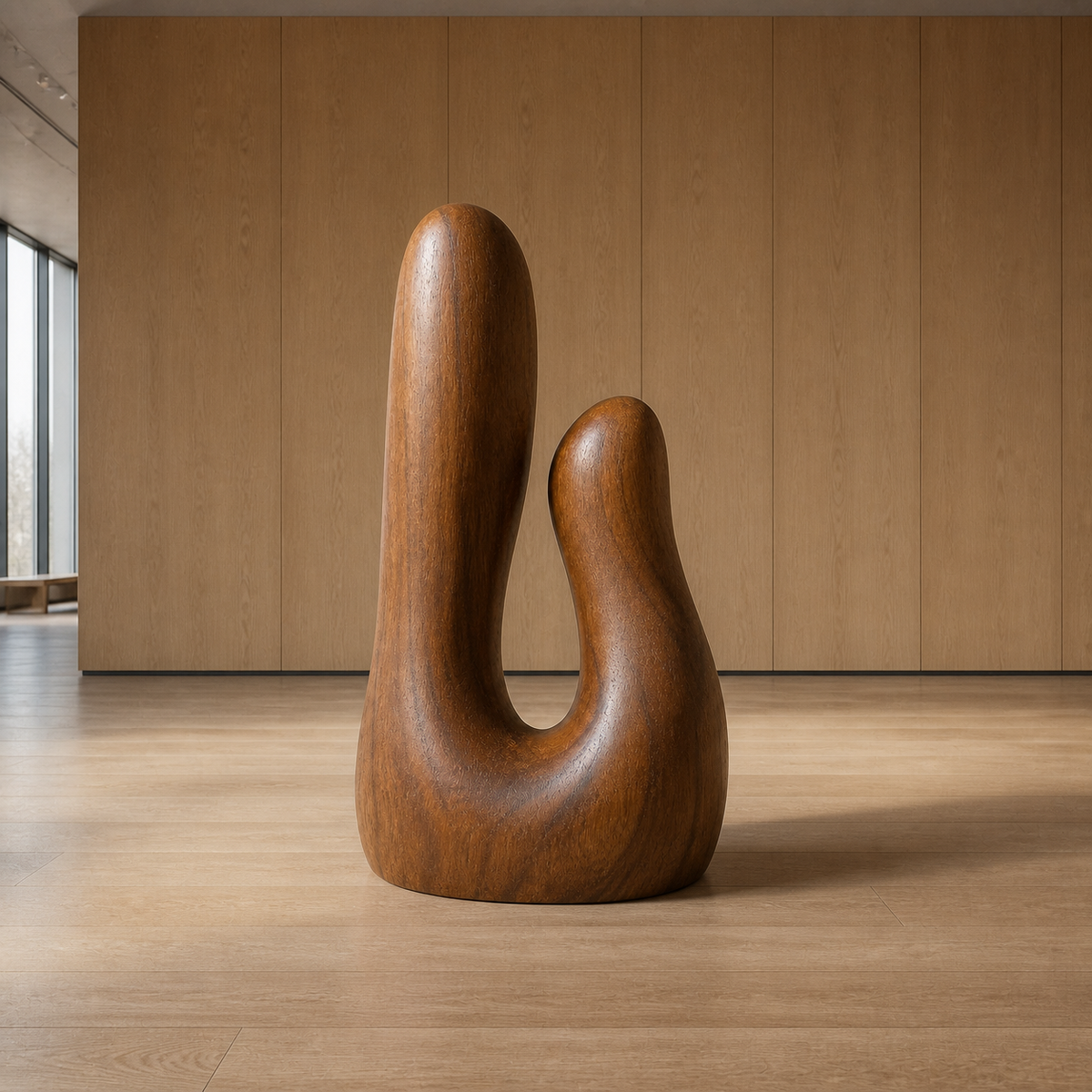 Paired Ascent, teak wood floor sculpture — interior view