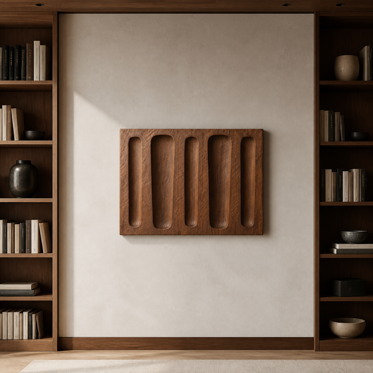 Groove Rhythm Relief, carved teak wood wall art — interior view