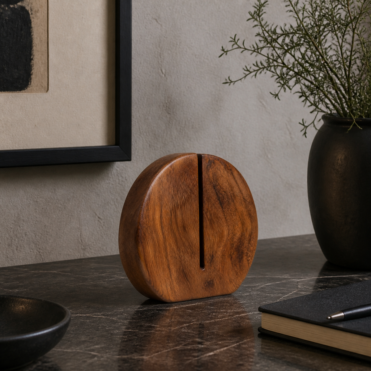 Split Disc Study, teak wood tabletop sculpture — interior view