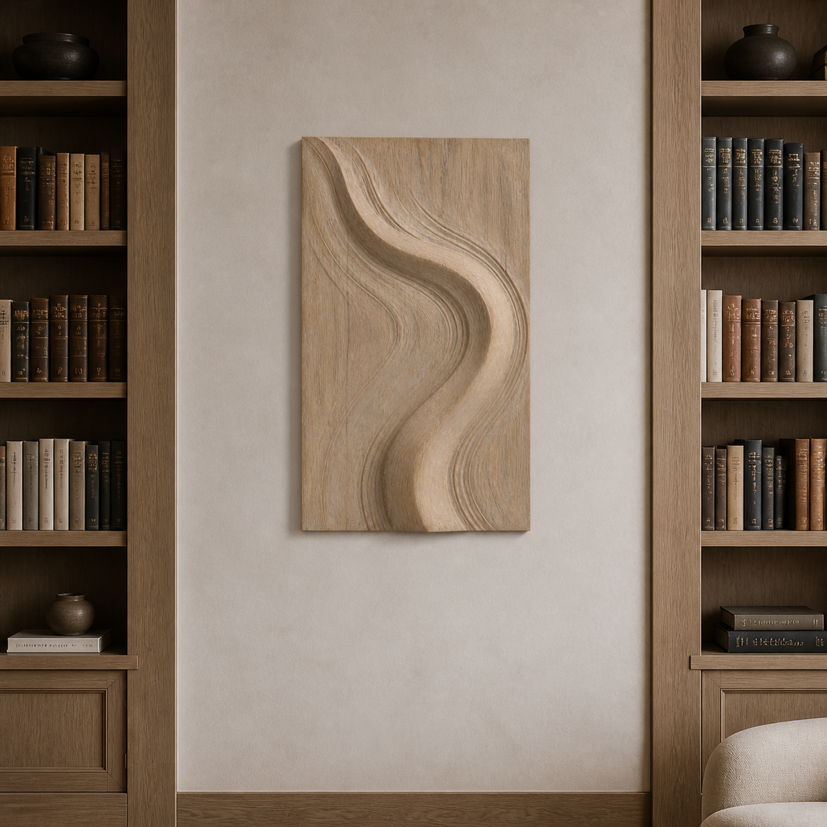 Folded Current Relief, carved teak wood wall art — interior view
