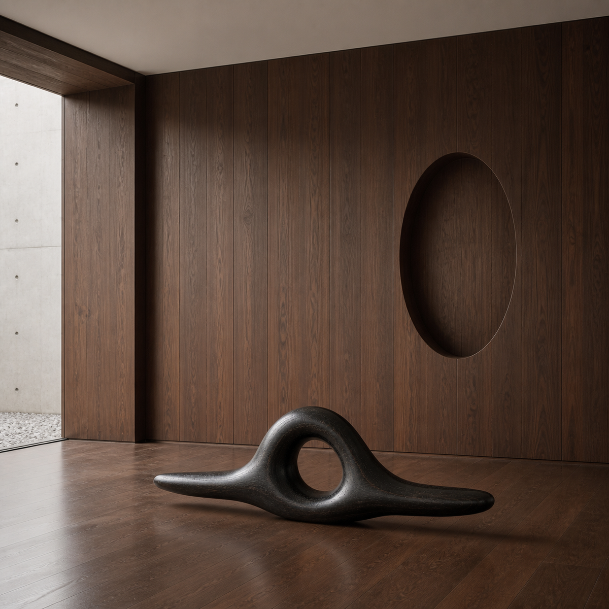 Knotted Lintel, teak wood console sculpture — interior view