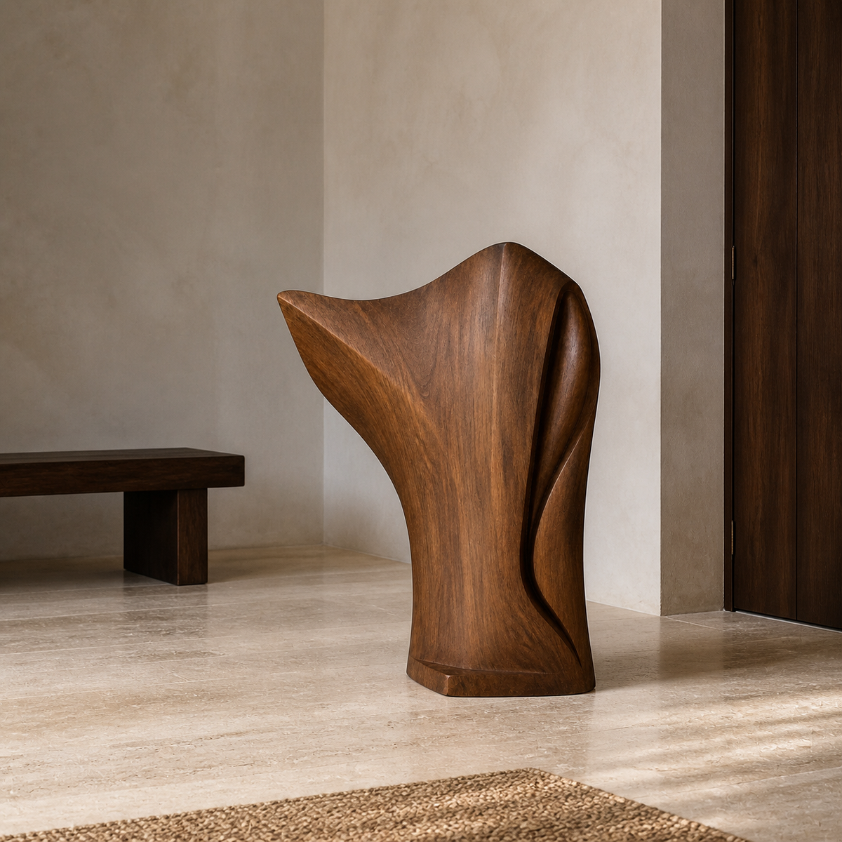 Compression Wing, teak wood floor sculpture — interior view
