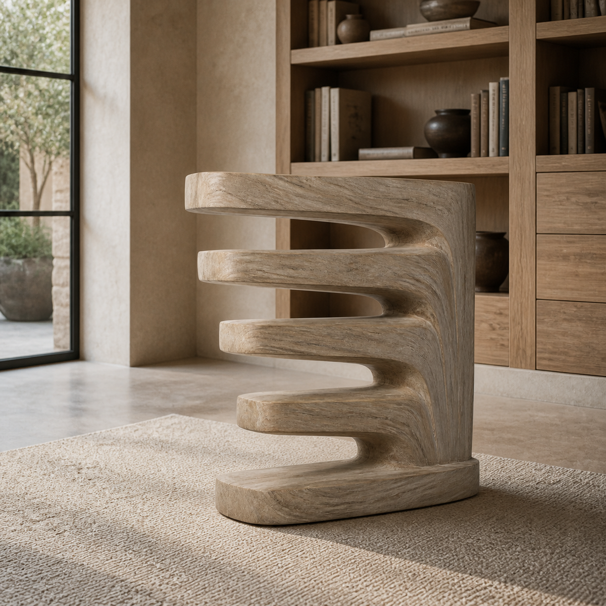 Descending Strata, teak wood floor sculpture — interior view