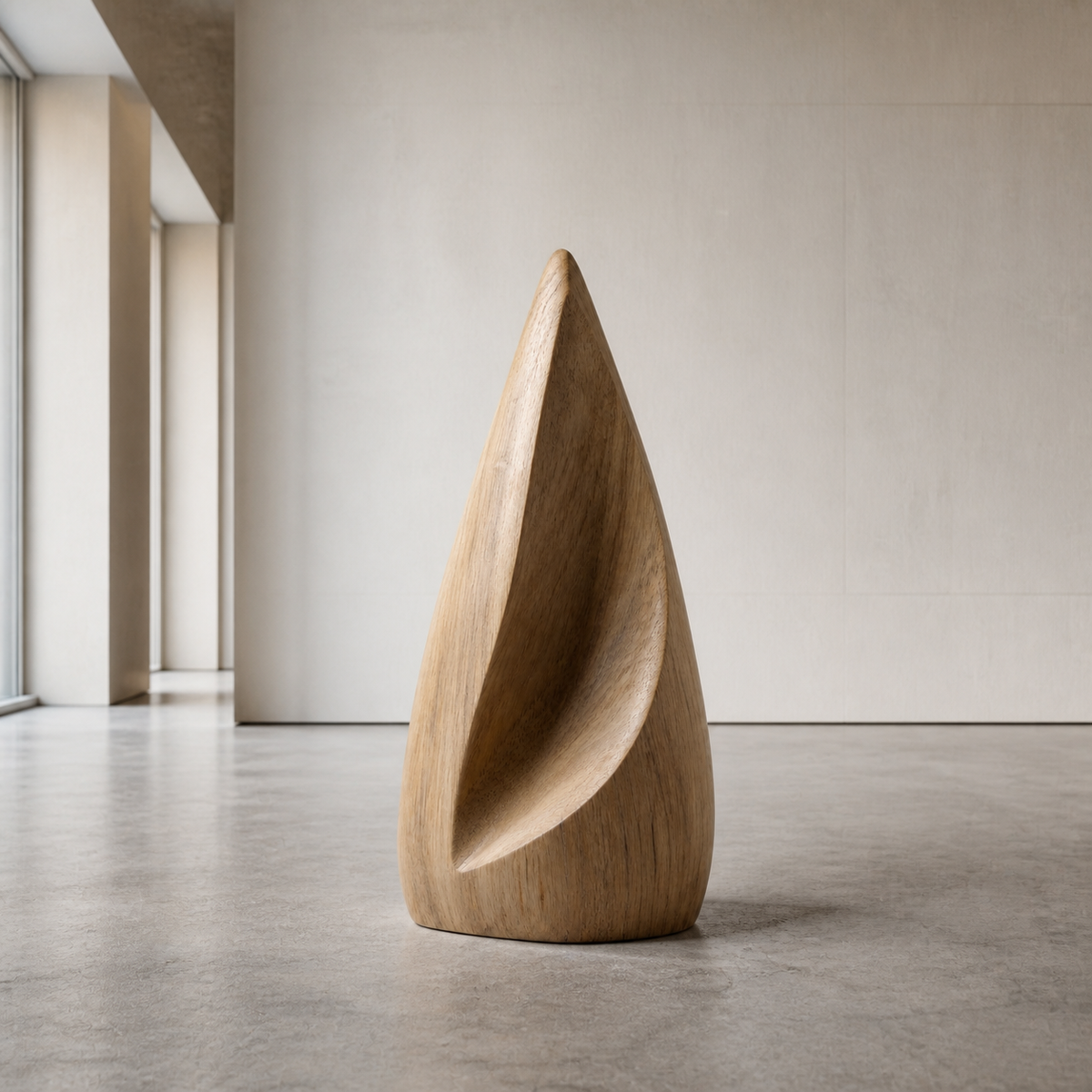 Folded Spire, teak wood floor sculpture — interior view