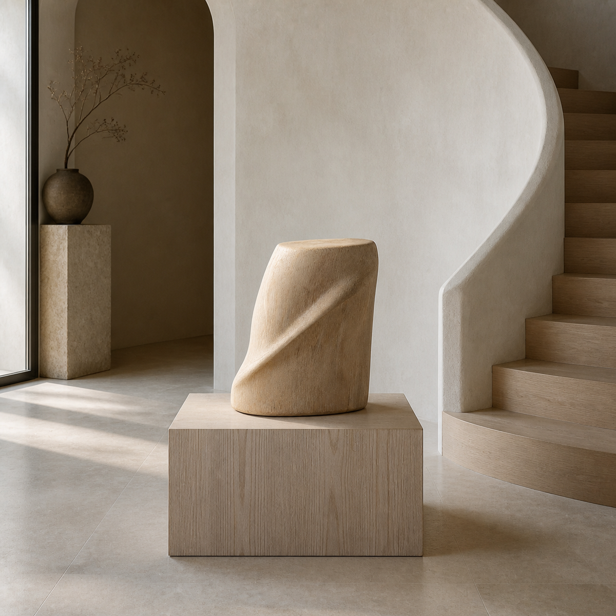 Balance Fold, abstract teak wood sculpture — interior view