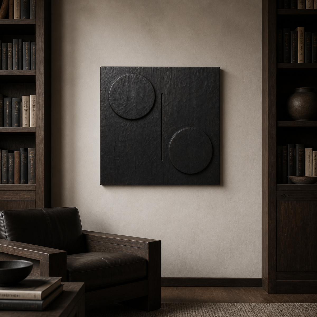 Twin Eclipse Relief, carved teak wood wall art — interior view