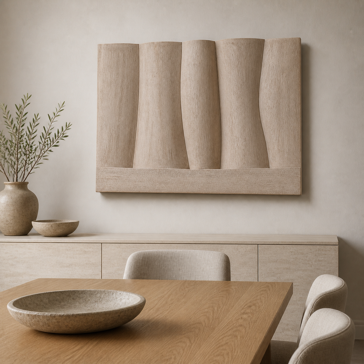 Dune Ledger Relief, carved teak wood wall art — interior view