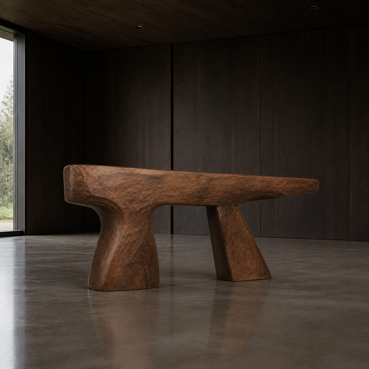 Cantilever Pair, teak wood console sculpture — interior view