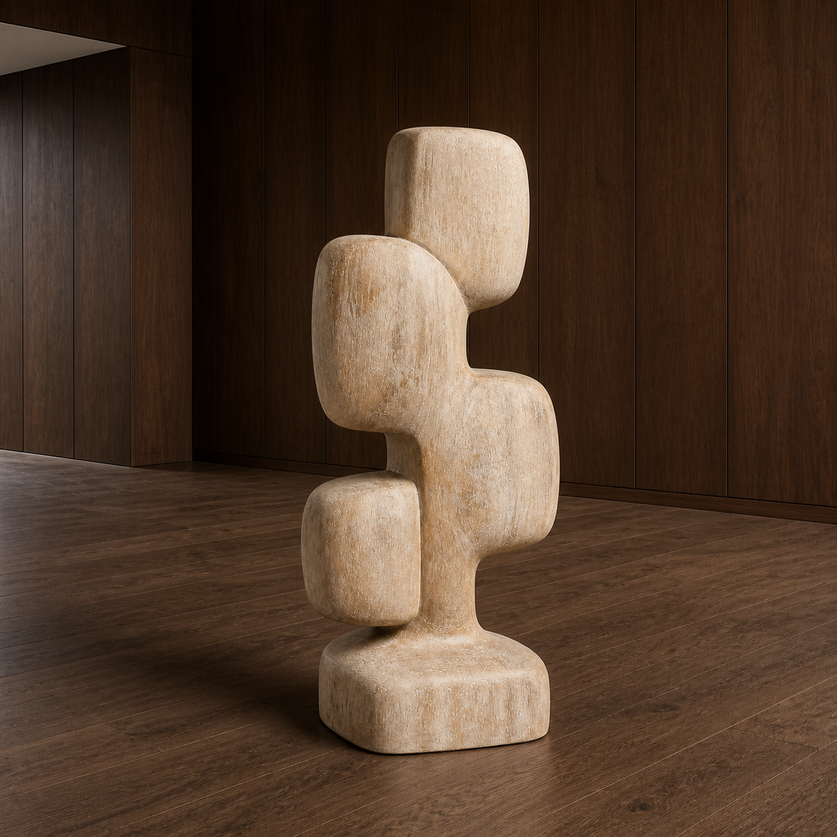 Cairn Spine, teak wood floor sculpture — interior view
