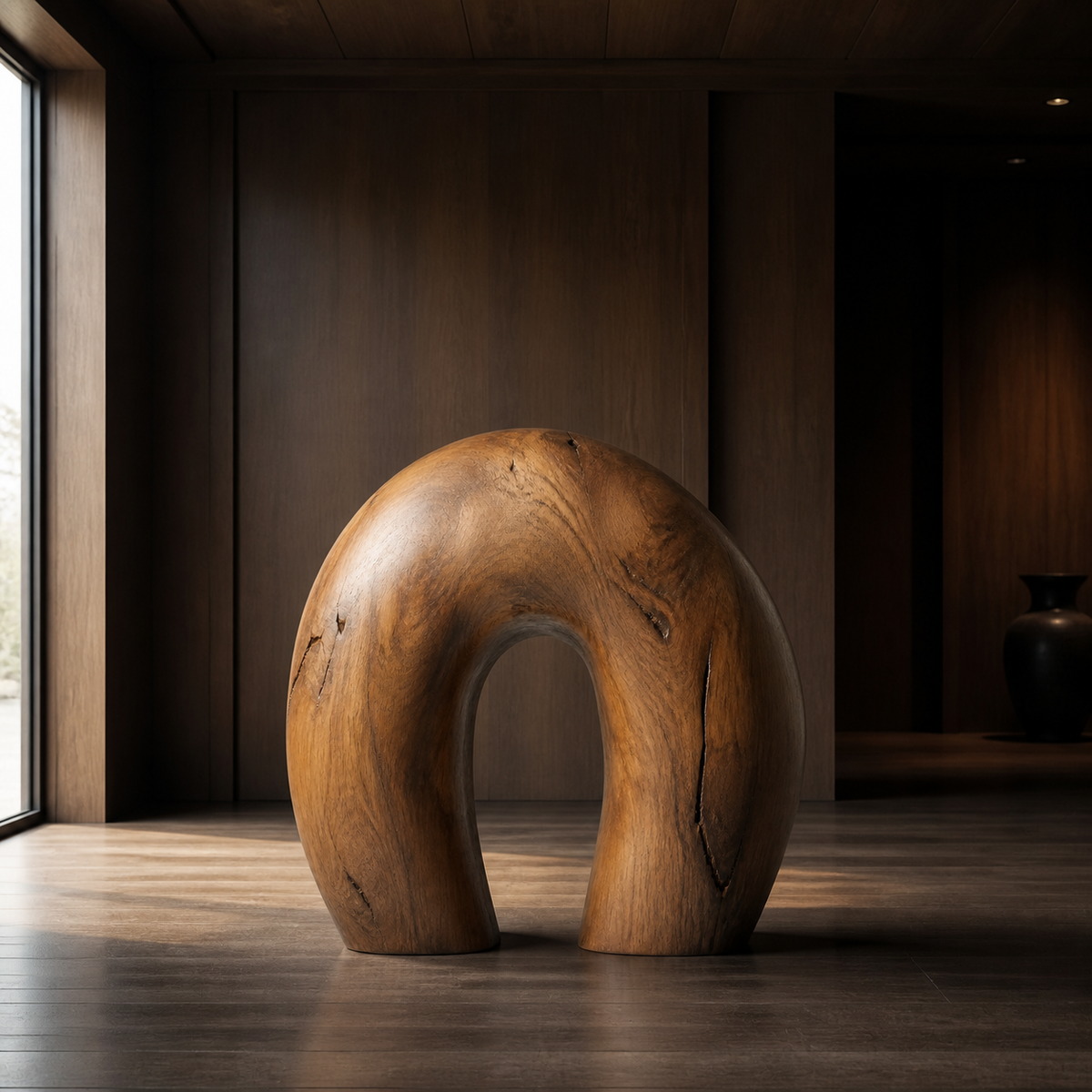 Hollow Crest, teak wood floor sculpture — interior view