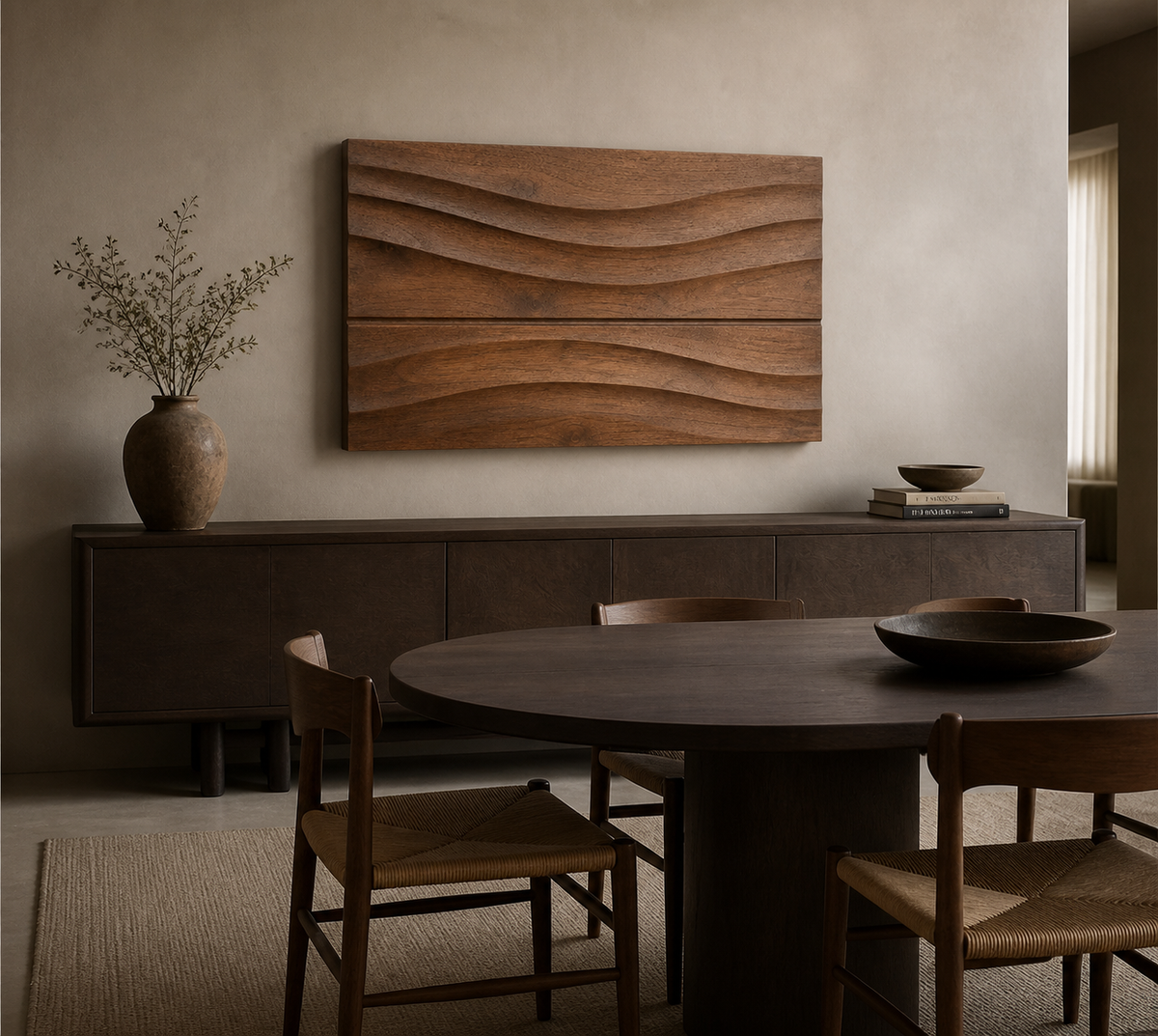 Still Horizon Relief, carved teak wood wall art — interior view