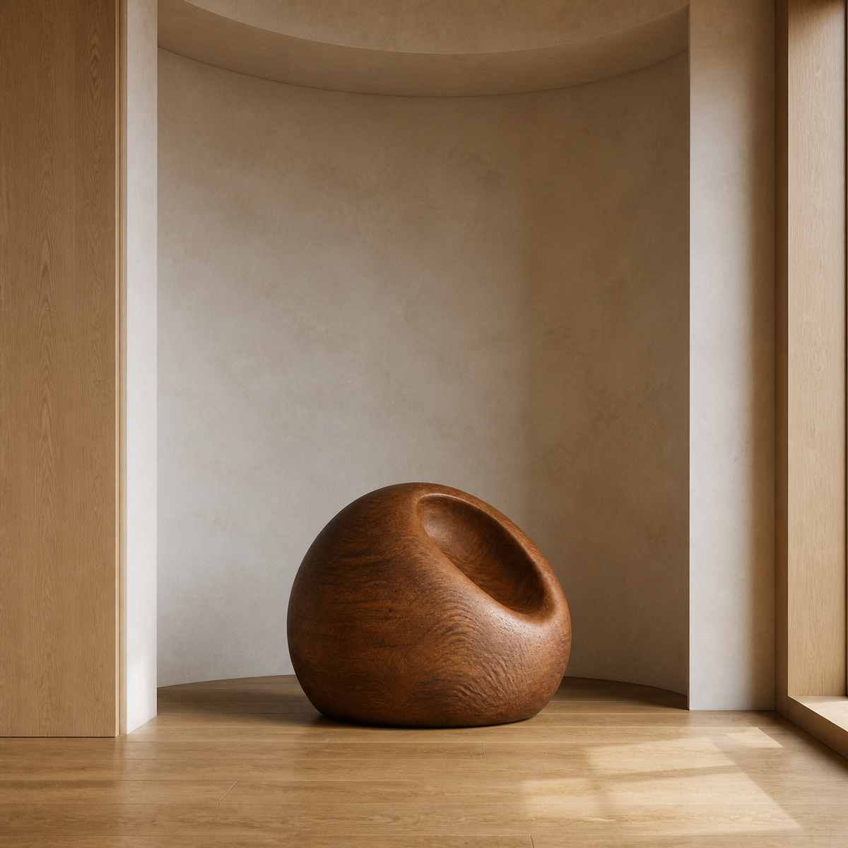 Tension Vessel, abstract teak wood sculpture — interior view