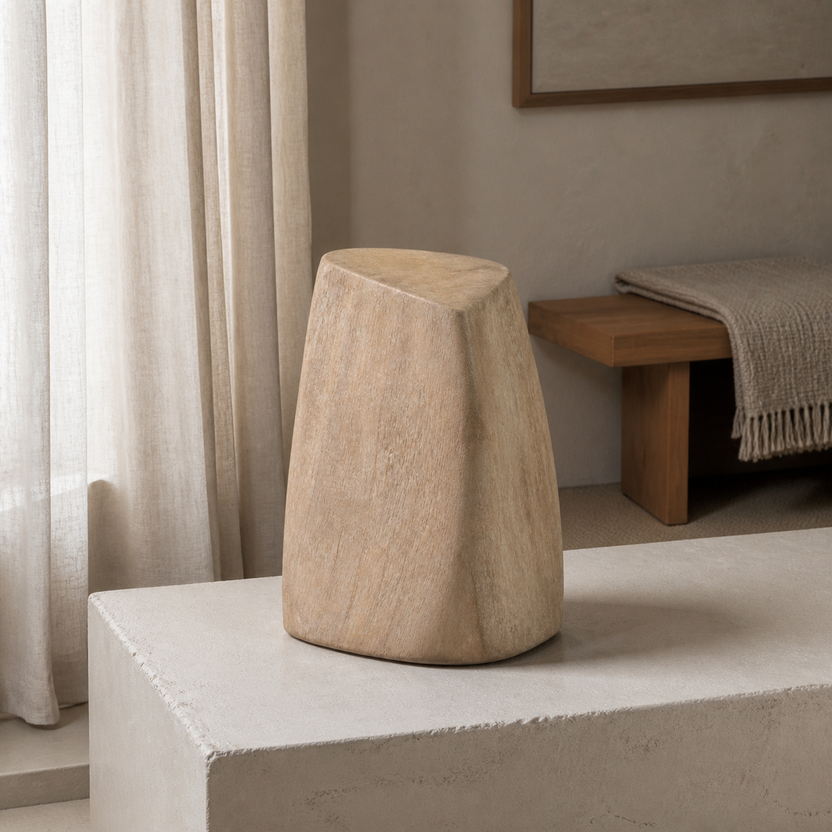 Soft Quoin, abstract teak wood sculpture — interior view