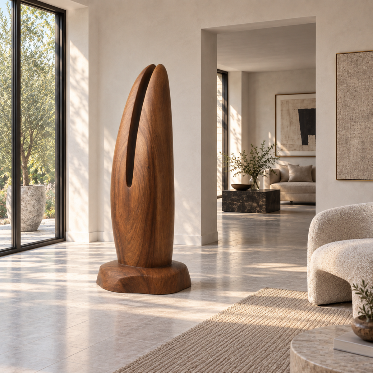 Split Pinnacle, teak wood floor sculpture — interior view