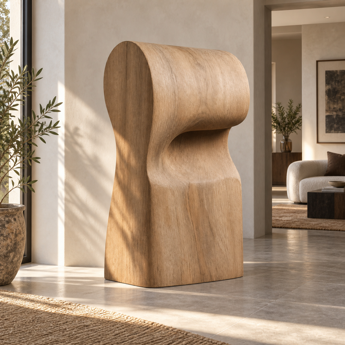 Overfold Column, teak wood floor sculpture — interior view