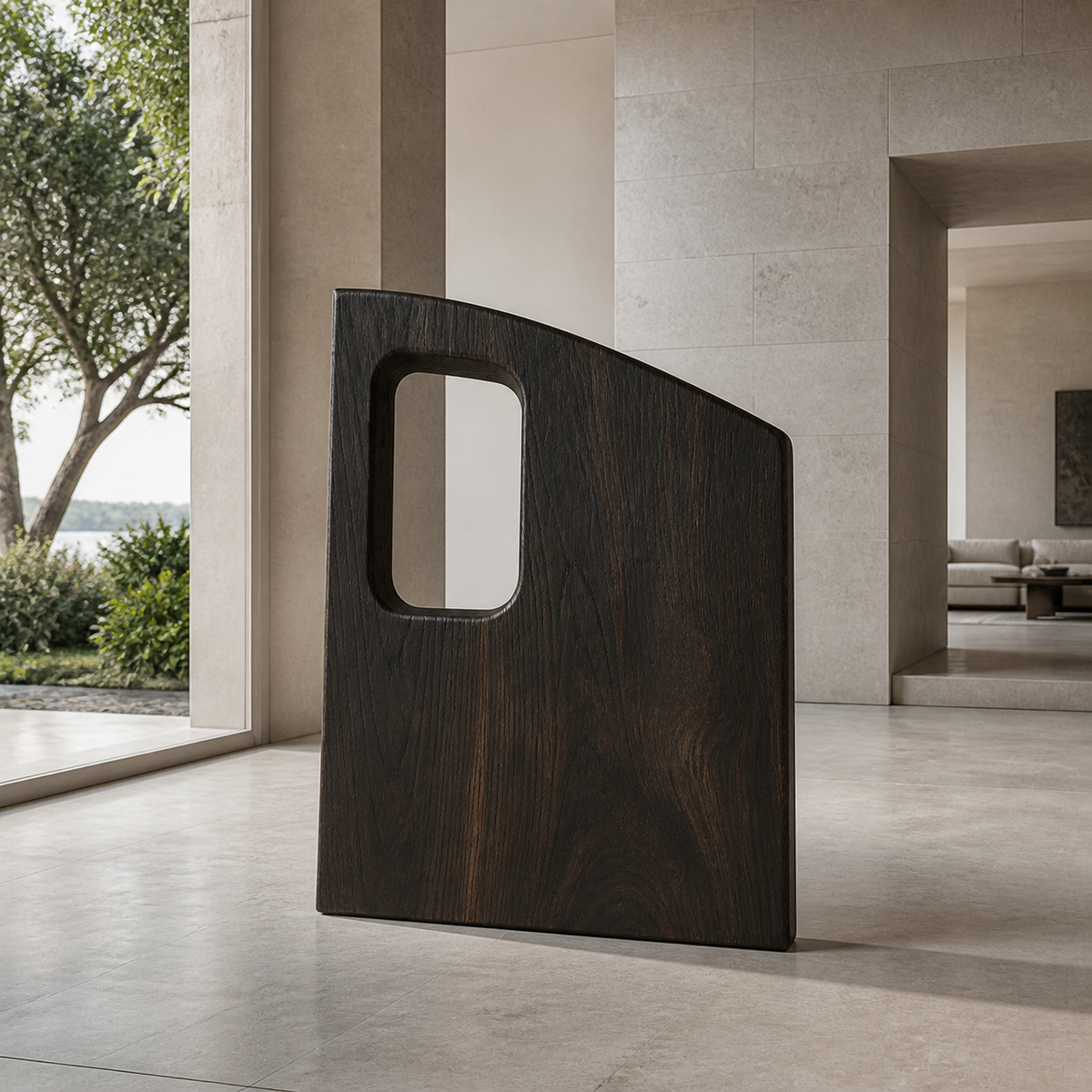 Offset Portal, teak wood floor sculpture — interior view