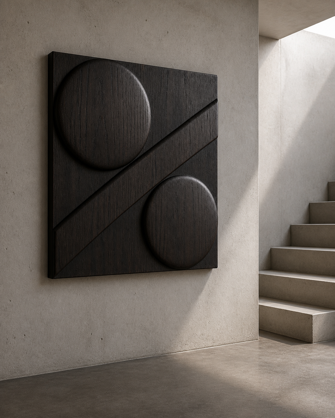 Eclipse Cut Relief, carved teak wood wall art — interior view