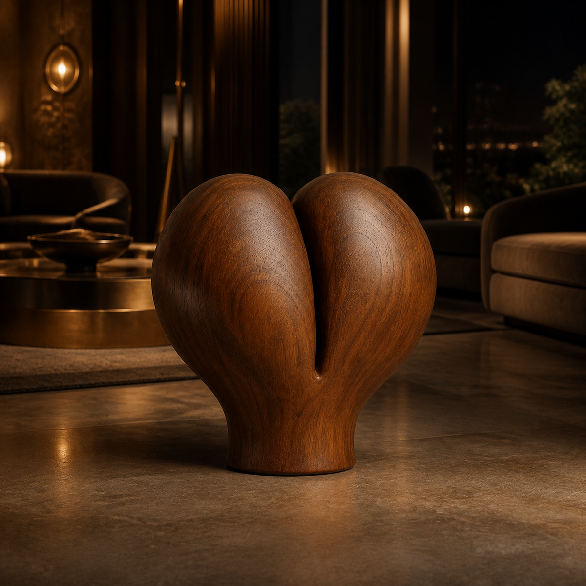 Split Bloom, abstract teak wood sculpture — interior view
