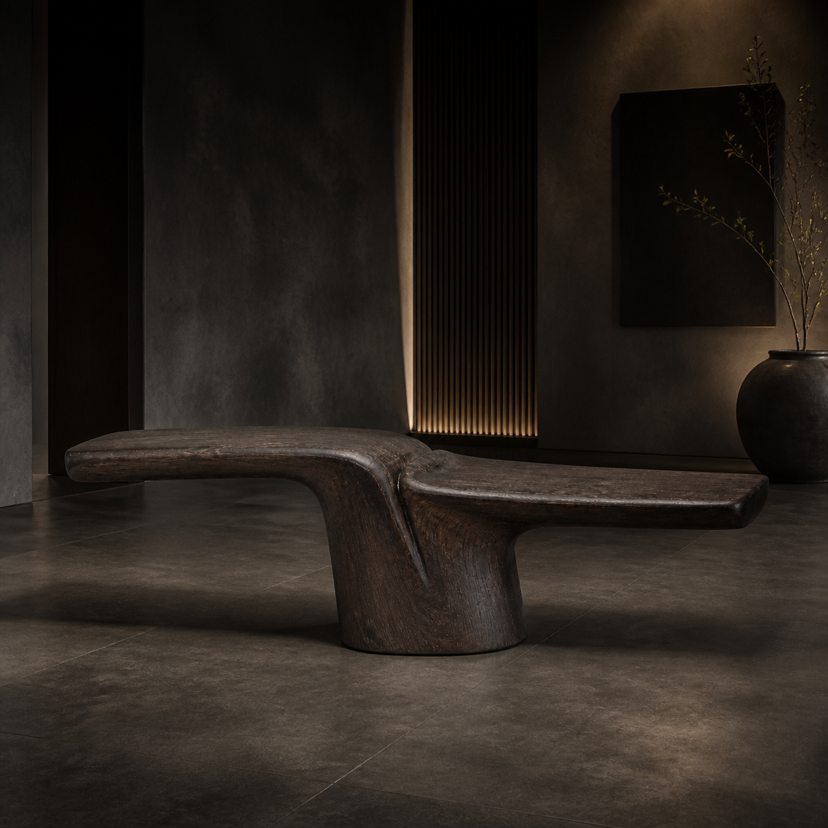 Folded Span, teak wood console sculpture — interior view