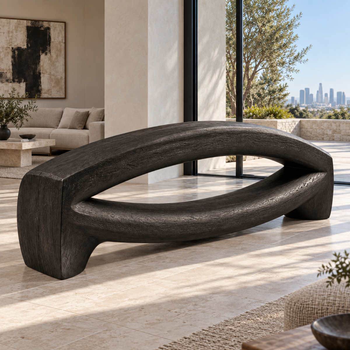 Bowed Traverse, teak wood floor sculpture — interior view